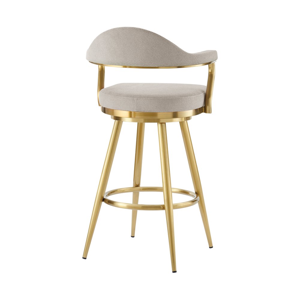 26" Taupe And Gold Fabric And Steel Low Back Counter Height Swivel Bar Chair