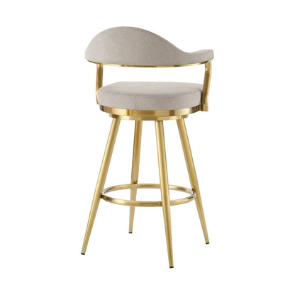 26" Taupe And Gold Fabric And Steel Low Back Counter Height Swivel Bar Chair
