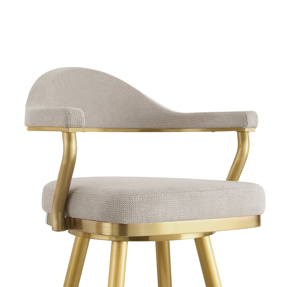 26" Taupe And Gold Fabric And Steel Low Back Counter Height Swivel Bar Chair