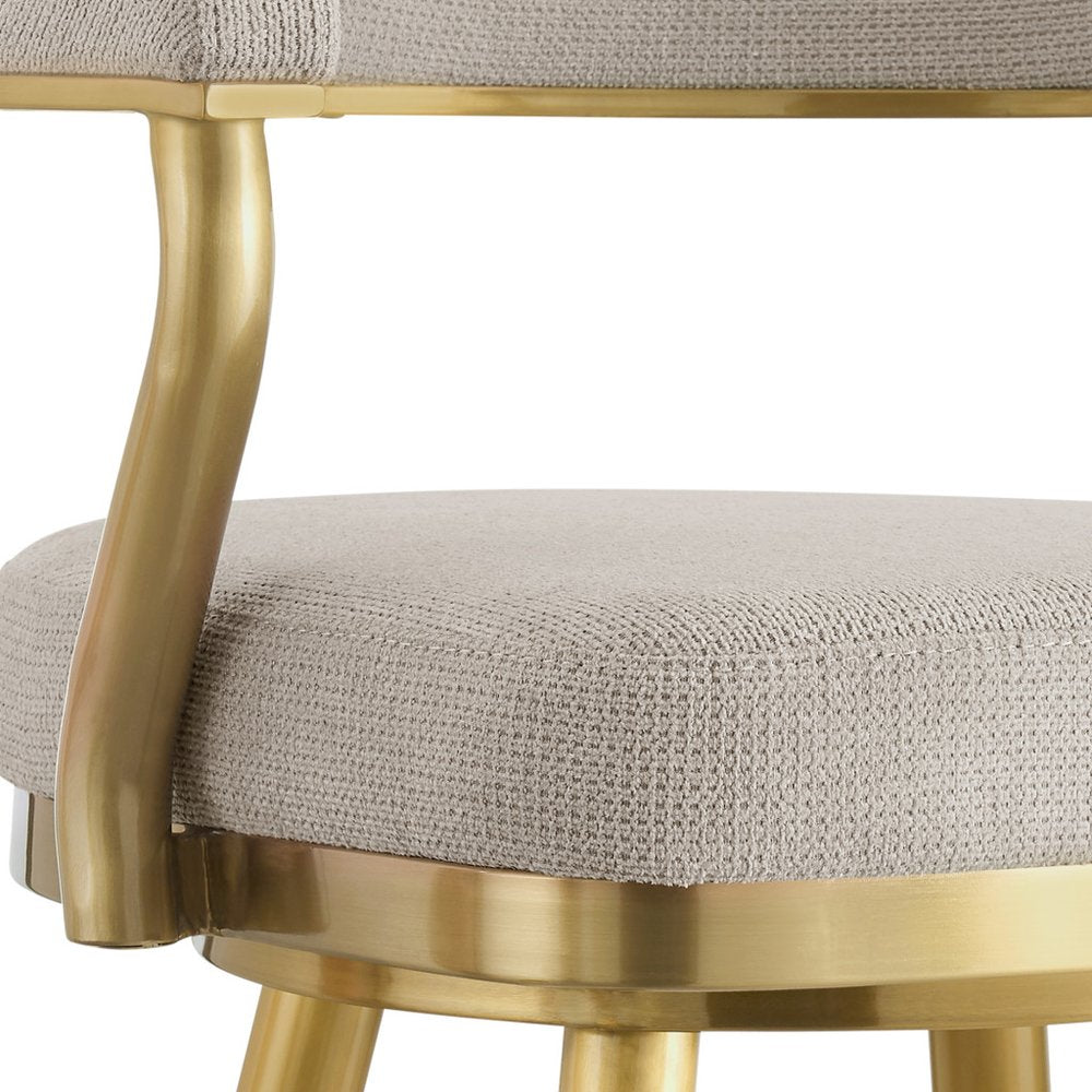 26" Taupe And Gold Fabric And Steel Low Back Counter Height Swivel Bar Chair