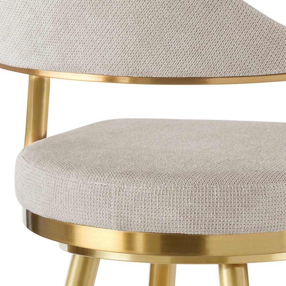 26" Taupe And Gold Fabric And Steel Low Back Counter Height Swivel Bar Chair