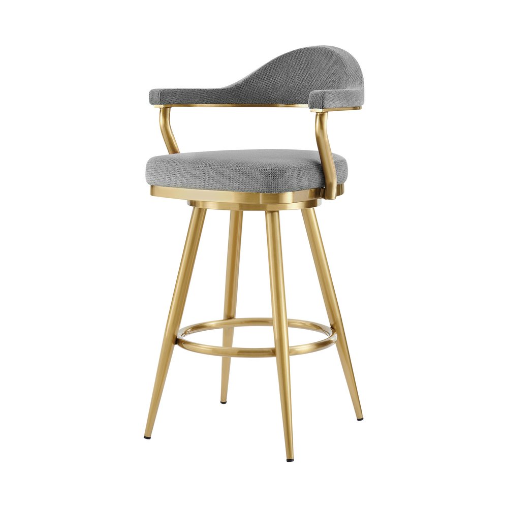 26" Gray And Gold Fabric And Steel Low Back Counter Height Swivel Bar Chair