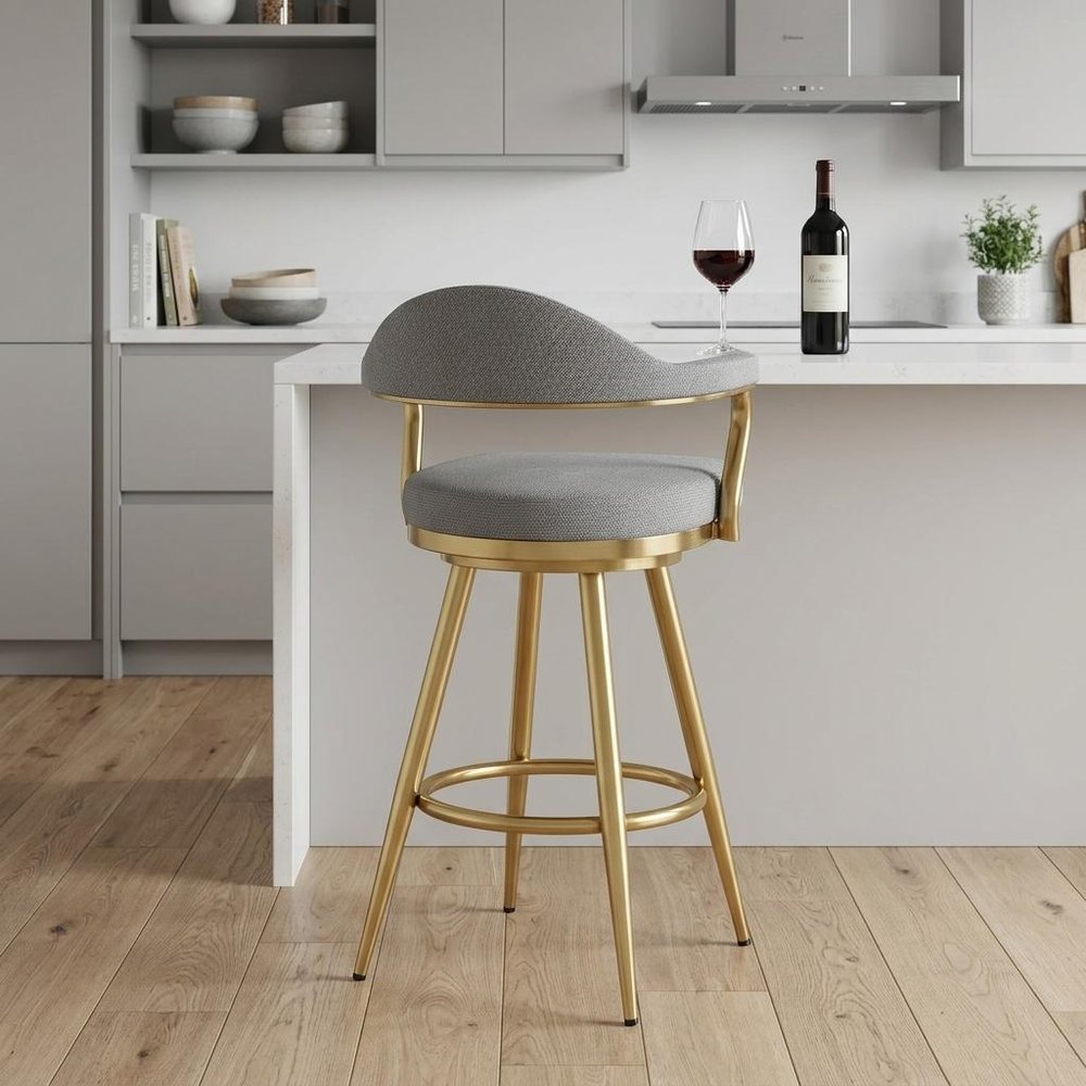 26" Gray And Gold Fabric And Steel Low Back Counter Height Swivel Bar Chair
