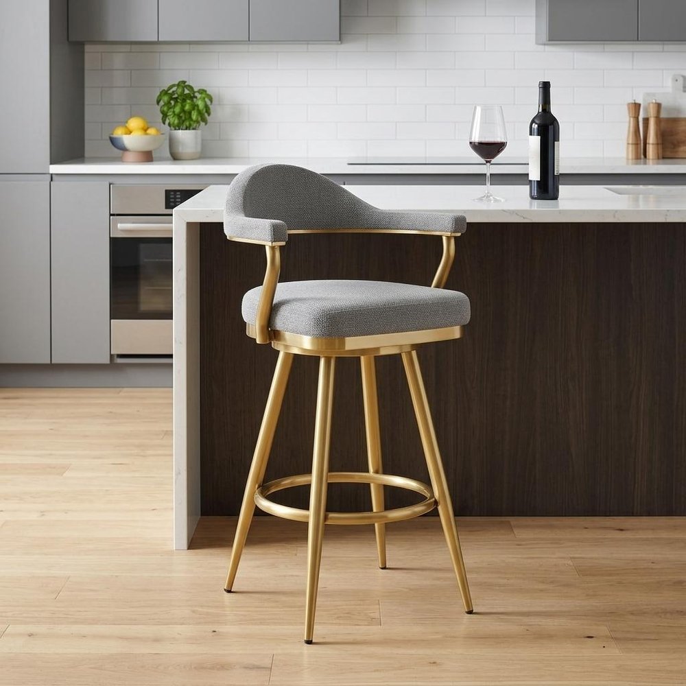 26" Gray And Gold Fabric And Steel Low Back Counter Height Swivel Bar Chair