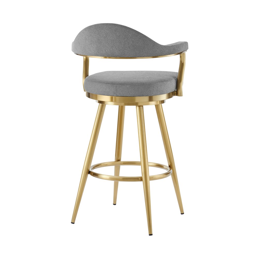 26" Gray And Gold Fabric And Steel Low Back Counter Height Swivel Bar Chair