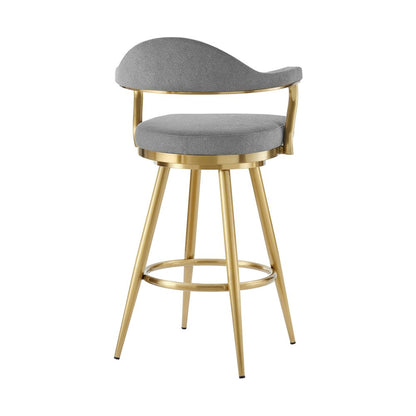 26" Gray And Gold Fabric And Steel Low Back Counter Height Swivel Bar Chair