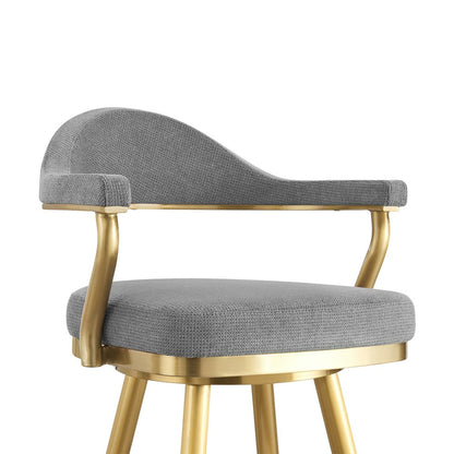 26" Gray And Gold Fabric And Steel Low Back Counter Height Swivel Bar Chair
