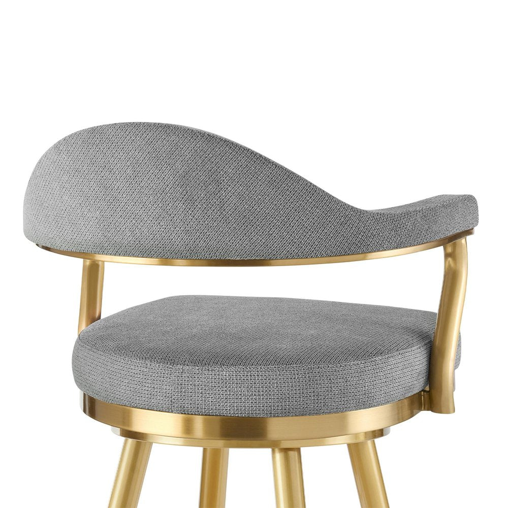 26" Gray And Gold Fabric And Steel Low Back Counter Height Swivel Bar Chair