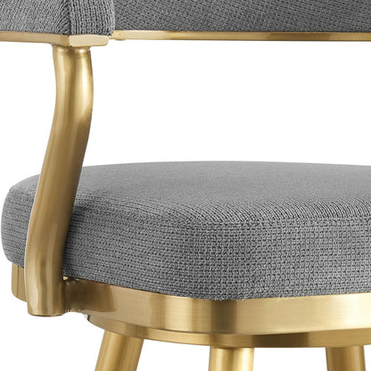 26" Gray And Gold Fabric And Steel Low Back Counter Height Swivel Bar Chair