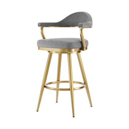 30" Gray And Gold Fabric And Steel Low Back Bar Height Swivel Bar Chair