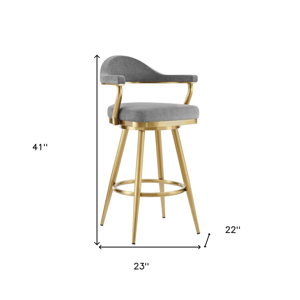 30" Gray And Gold Fabric And Steel Low Back Bar Height Swivel Bar Chair