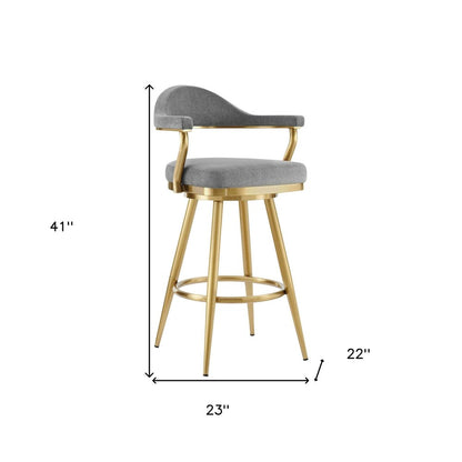 30" Gray And Gold Fabric And Steel Low Back Bar Height Swivel Bar Chair