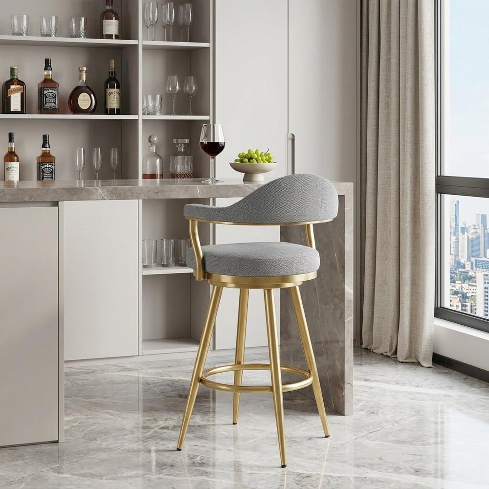30" Gray And Gold Fabric And Steel Low Back Bar Height Swivel Bar Chair