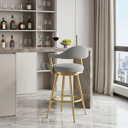 30" Gray And Gold Fabric And Steel Low Back Bar Height Swivel Bar Chair