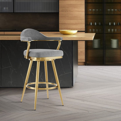 30" Gray And Gold Fabric And Steel Low Back Bar Height Swivel Bar Chair