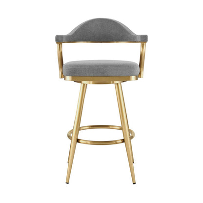 30" Gray And Gold Fabric And Steel Low Back Bar Height Swivel Bar Chair