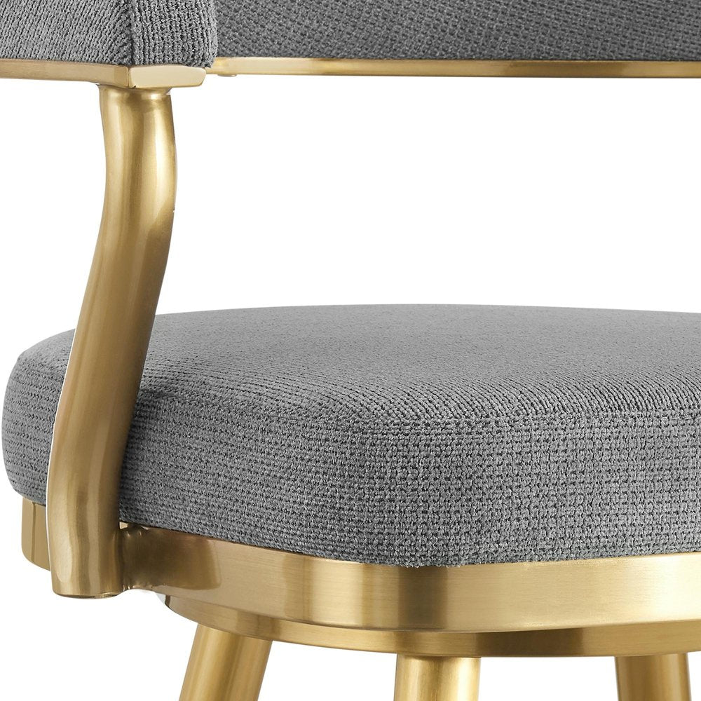 30" Gray And Gold Fabric And Steel Low Back Bar Height Swivel Bar Chair