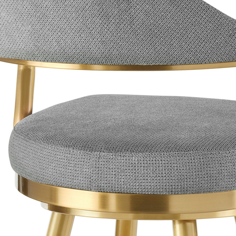 30" Gray And Gold Fabric And Steel Low Back Bar Height Swivel Bar Chair