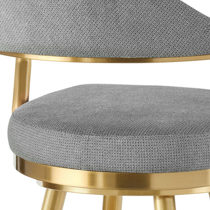 30" Gray And Gold Fabric And Steel Low Back Bar Height Swivel Bar Chair