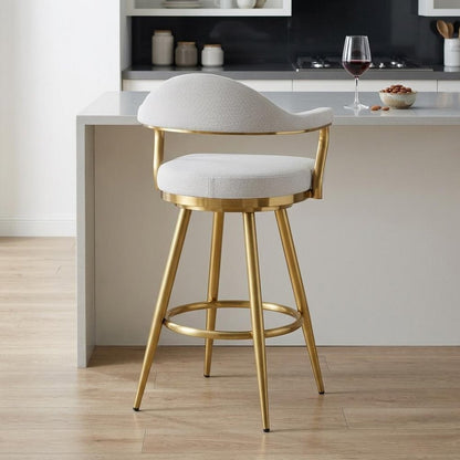 26" Silver And Gold Fabric And Steel Low Back Counter Height Swivel Bar Chair