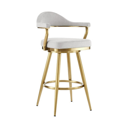 26" Silver And Gold Fabric And Steel Low Back Counter Height Swivel Bar Chair