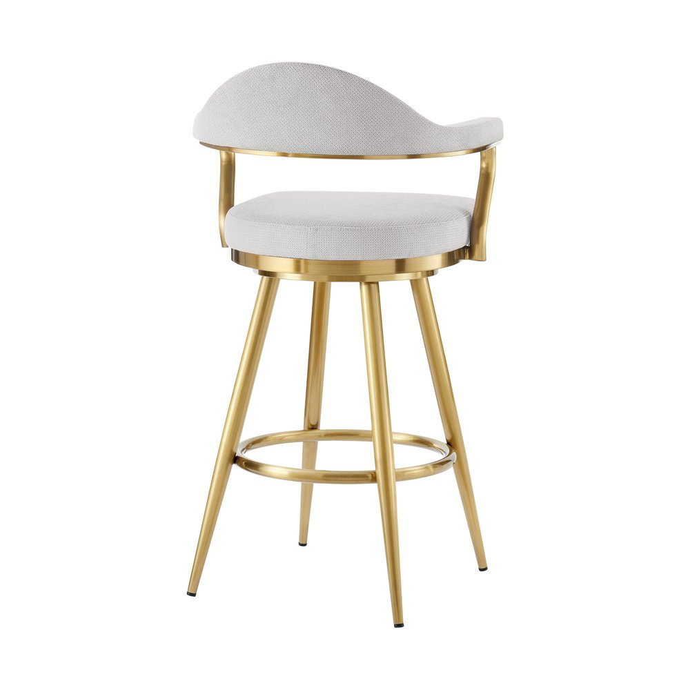 26" Silver And Gold Fabric And Steel Low Back Counter Height Swivel Bar Chair