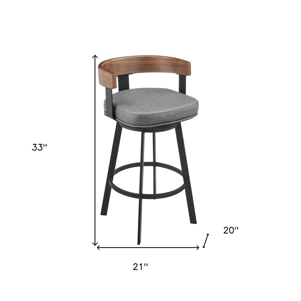 26" Gray And Black Faux Leather And Iron Low Back Counter Height Swivel Bar Chair
