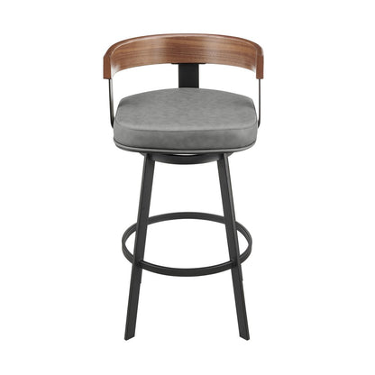 26" Gray And Black Faux Leather And Iron Low Back Counter Height Swivel Bar Chair