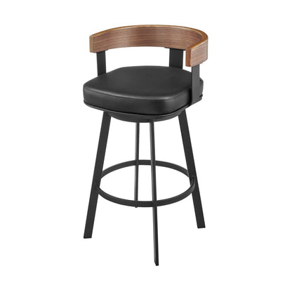 30" Black And Brown Faux Leather And Iron Low Back Bar Height Swivel Bar Chair