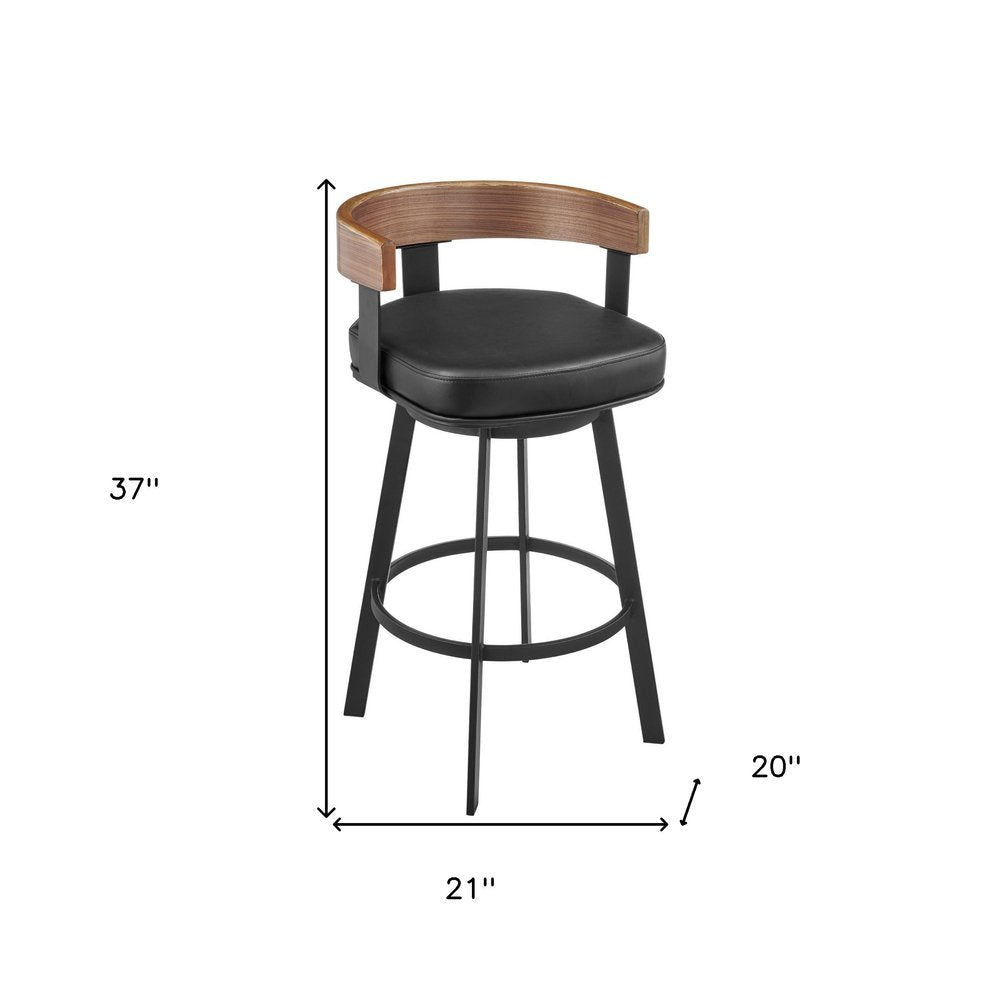 30" Black And Brown Faux Leather And Iron Low Back Bar Height Swivel Bar Chair