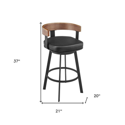 30" Black And Brown Faux Leather And Iron Low Back Bar Height Swivel Bar Chair