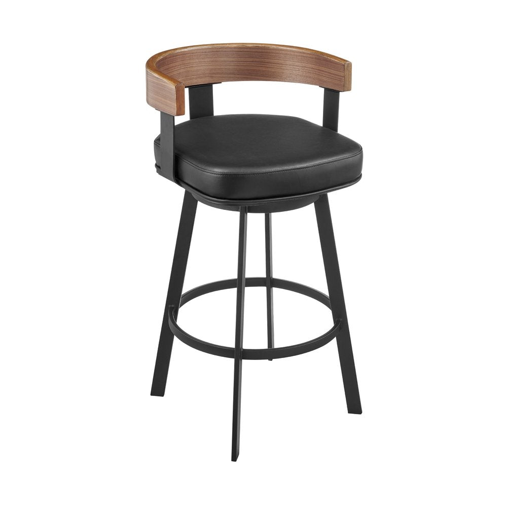 30" Black And Brown Faux Leather And Iron Low Back Bar Height Swivel Bar Chair