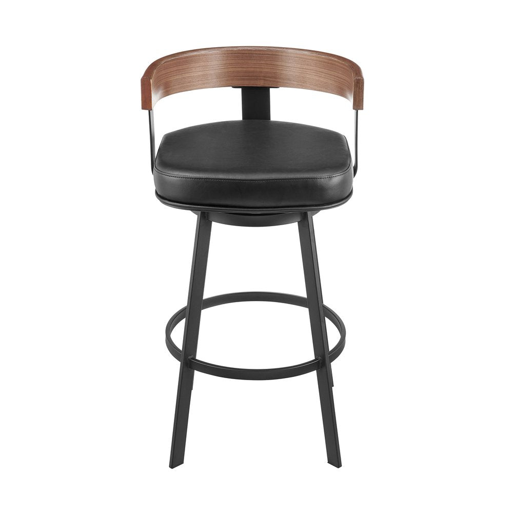 30" Black And Brown Faux Leather And Iron Low Back Bar Height Swivel Bar Chair
