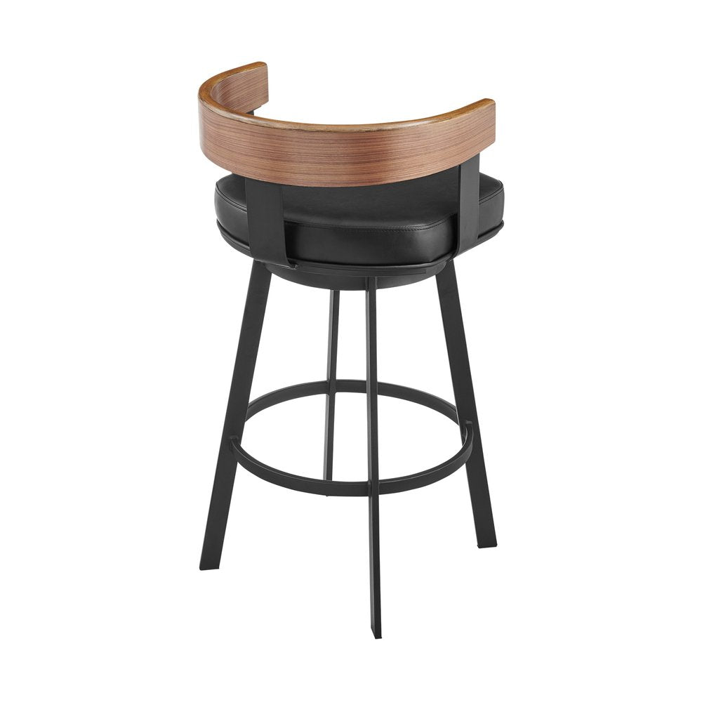 30" Black And Brown Faux Leather And Iron Low Back Bar Height Swivel Bar Chair