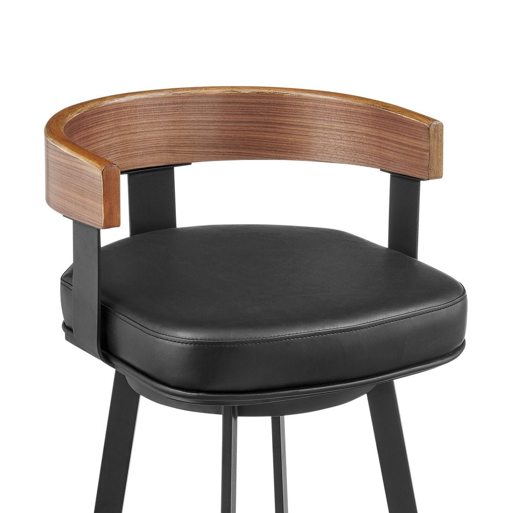 30" Black And Brown Faux Leather And Iron Low Back Bar Height Swivel Bar Chair