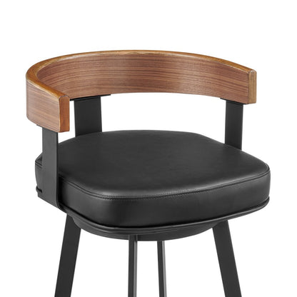30" Black And Brown Faux Leather And Iron Low Back Bar Height Swivel Bar Chair