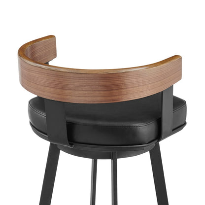 30" Black And Brown Faux Leather And Iron Low Back Bar Height Swivel Bar Chair