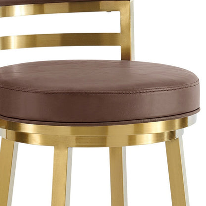30" Coffee And Gold Faux Leather And Steel Low Back Bar Height Swivel Bar Chair
