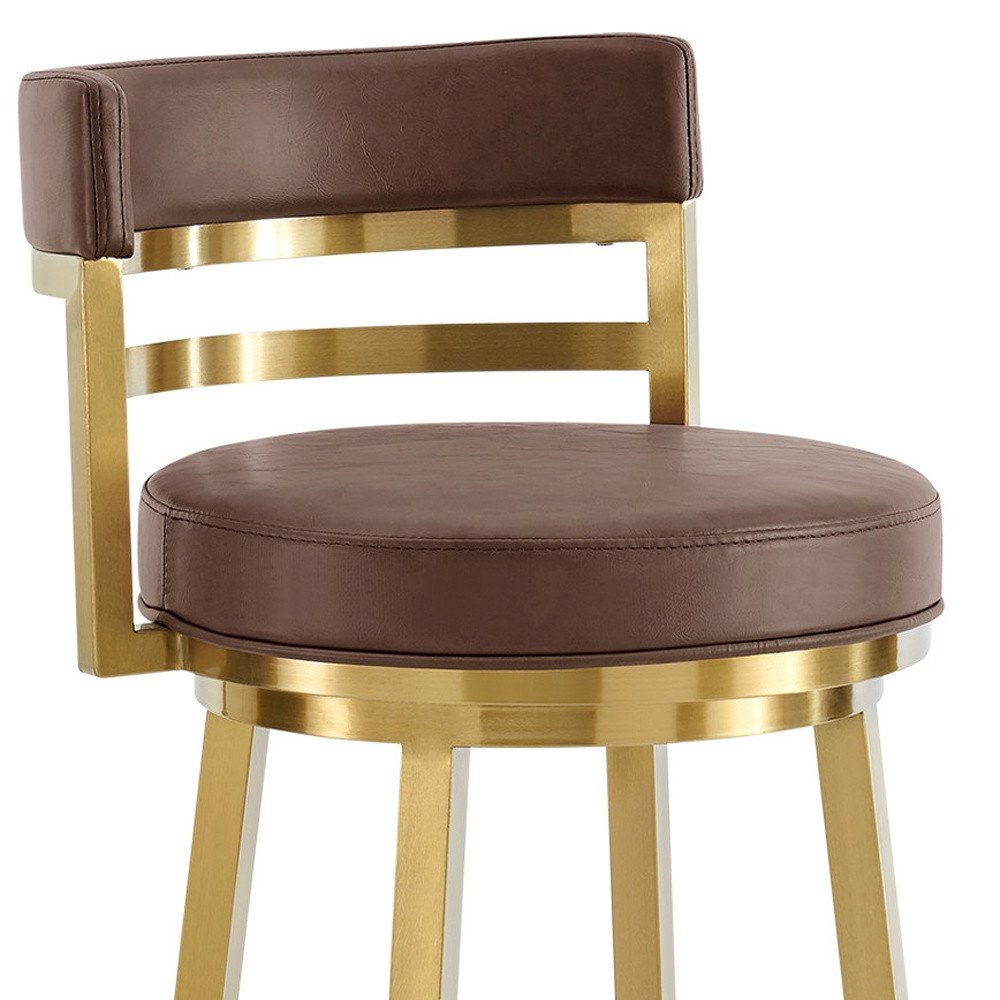 30" Coffee And Gold Faux Leather And Steel Low Back Bar Height Swivel Bar Chair