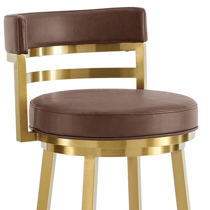 30" Coffee And Gold Faux Leather And Steel Low Back Bar Height Swivel Bar Chair