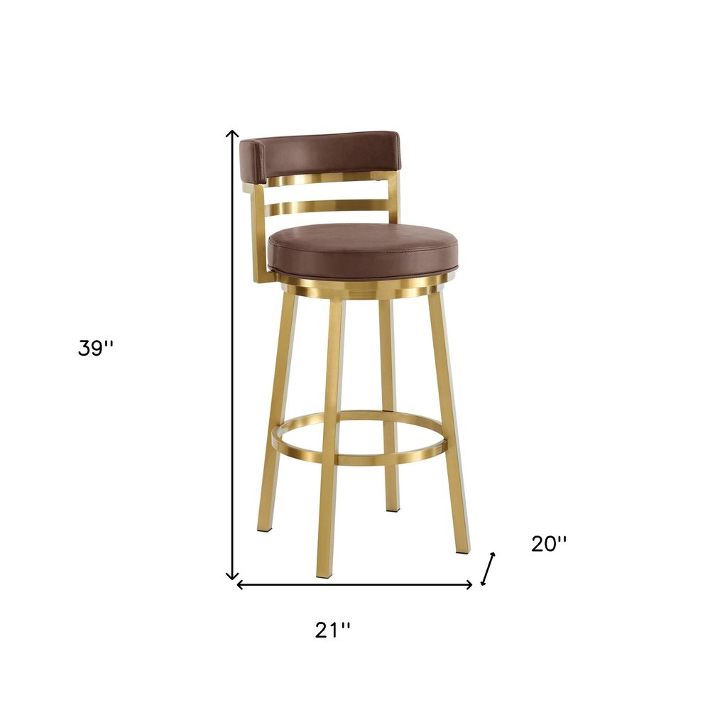 30" Coffee And Gold Faux Leather And Steel Low Back Bar Height Swivel Bar Chair