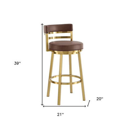30" Coffee And Gold Faux Leather And Steel Low Back Bar Height Swivel Bar Chair