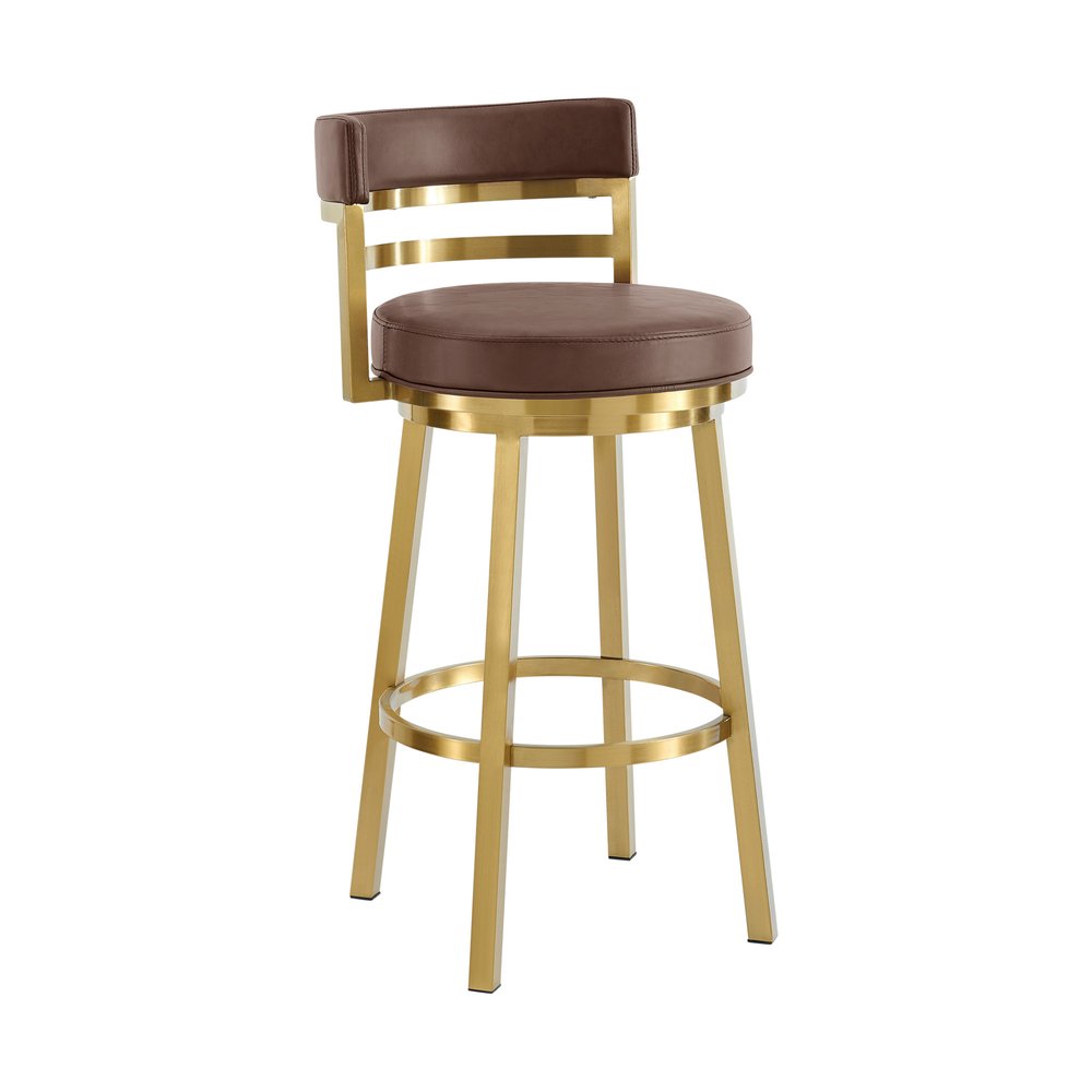 30" Coffee And Gold Faux Leather And Steel Low Back Bar Height Swivel Bar Chair