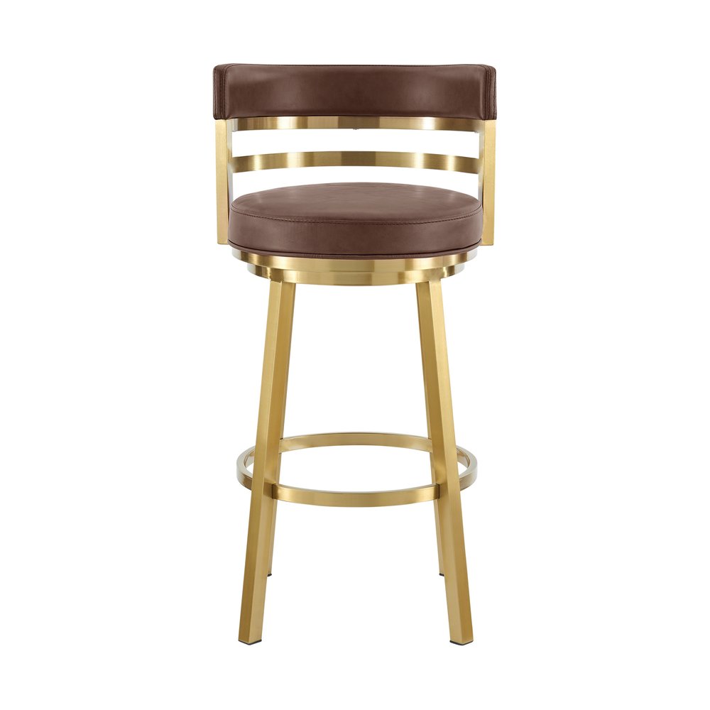 30" Coffee And Gold Faux Leather And Steel Low Back Bar Height Swivel Bar Chair