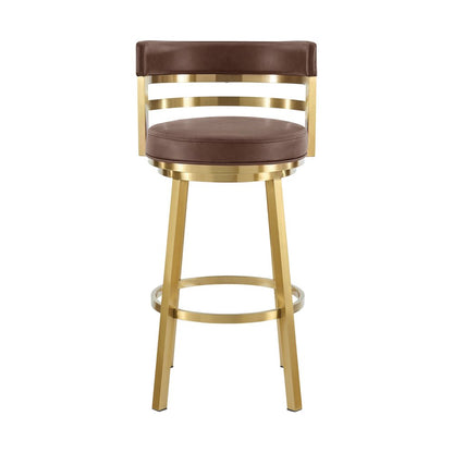 30" Coffee And Gold Faux Leather And Steel Low Back Bar Height Swivel Bar Chair