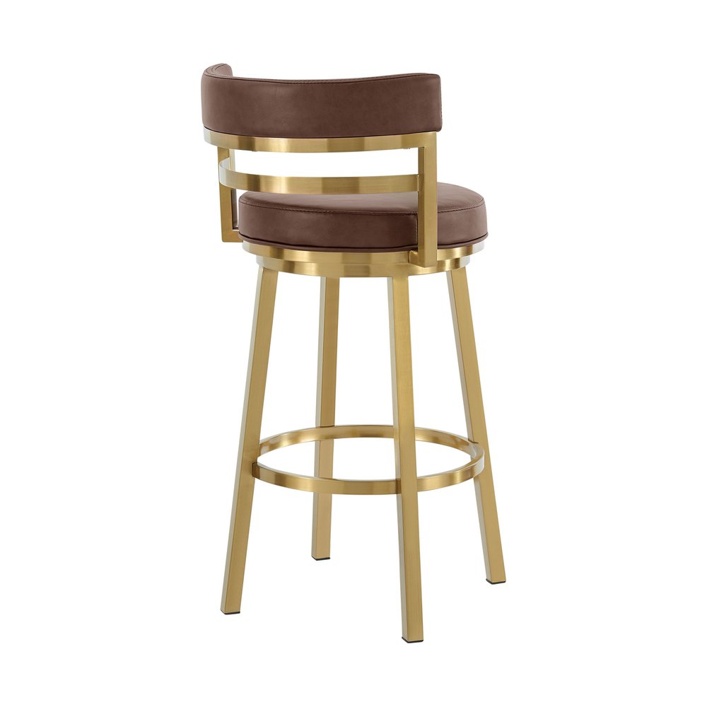 30" Coffee And Gold Faux Leather And Steel Low Back Bar Height Swivel Bar Chair