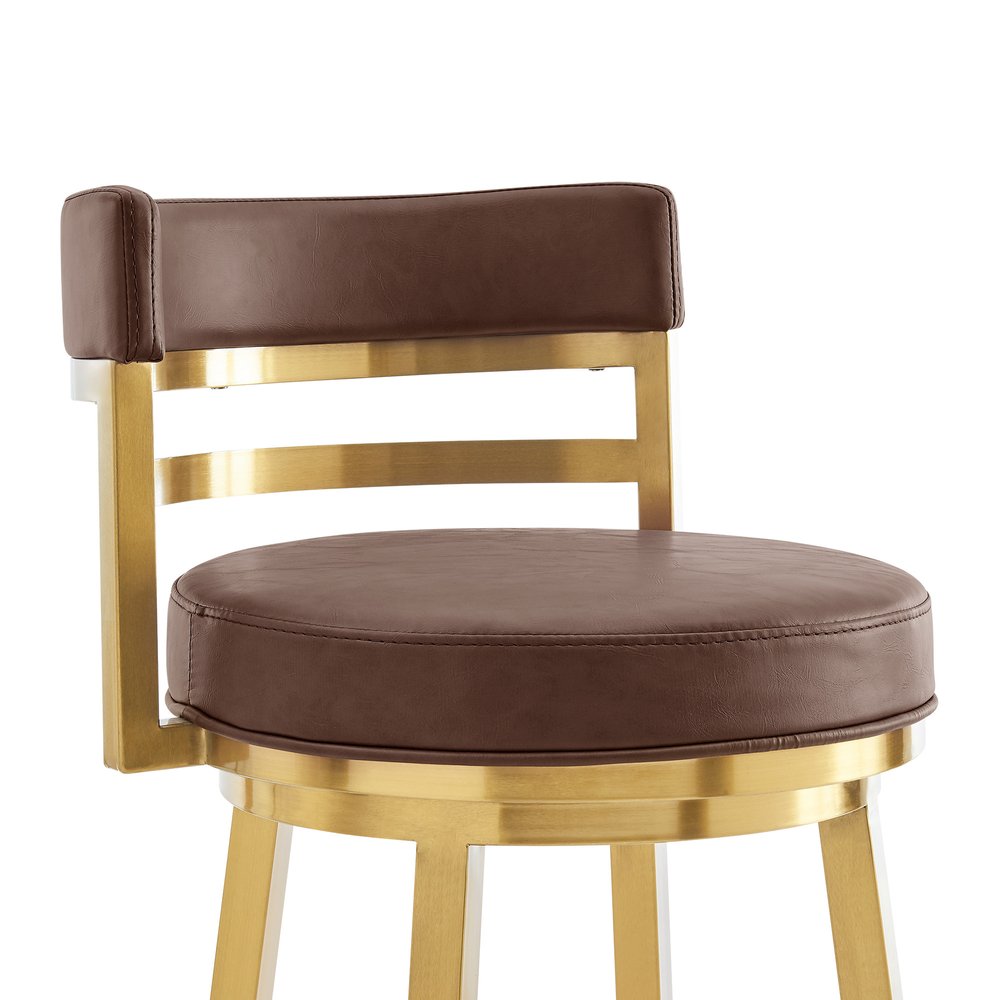 30" Coffee And Gold Faux Leather And Steel Low Back Bar Height Swivel Bar Chair