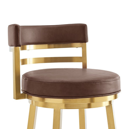30" Coffee And Gold Faux Leather And Steel Low Back Bar Height Swivel Bar Chair
