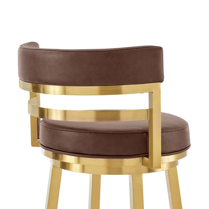 30" Coffee And Gold Faux Leather And Steel Low Back Bar Height Swivel Bar Chair