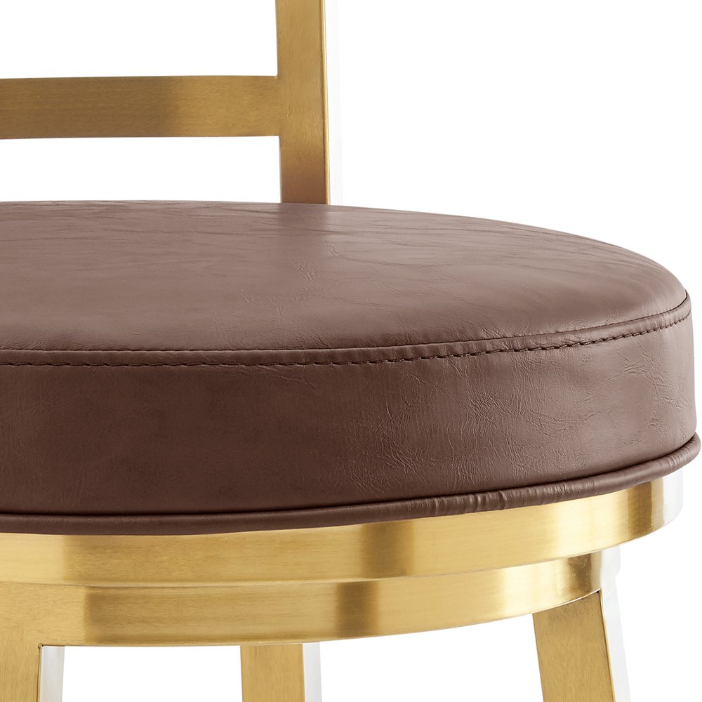30" Coffee And Gold Faux Leather And Steel Low Back Bar Height Swivel Bar Chair